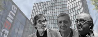 De izq. a dcha., Tatxo Benet, Gerard Romy y Jaume Roures, fundadores de Mediapro, con la sede del grupo de fondo / CG