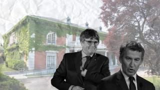 Carles Puigdemont (Junts) y Alberto Núñez Feijóo (PP), con La Moncloa de fondo