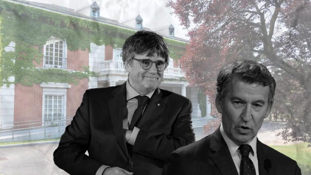 Carles Puigdemont (Junts) y Alberto Núñez Feijóo (PP), con La Moncloa de fondo