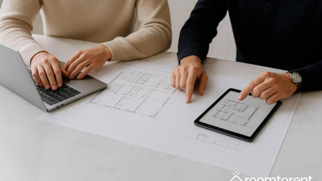 Dos homes comproven els plànols d'un pis per llogar