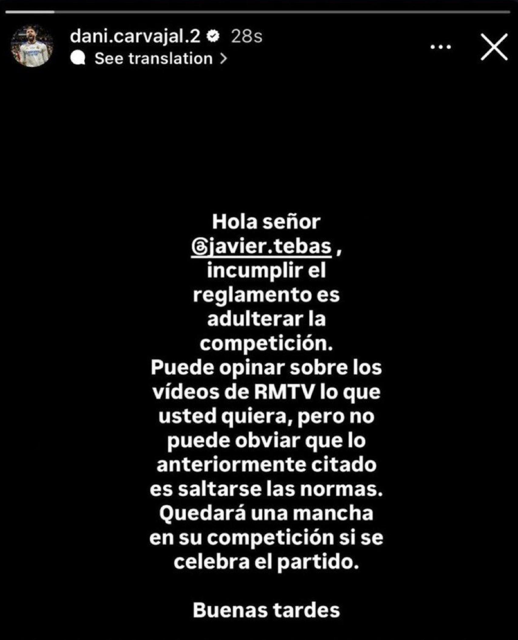 Respuesta de Dani Carvajal a Javier Tebas en Instagram por el Villarreal-Barça en Miami