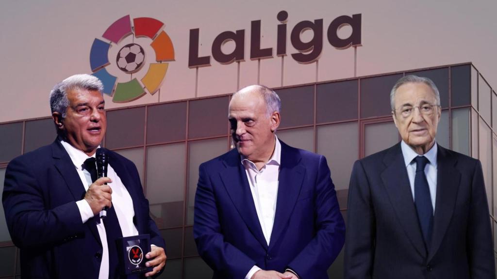 Joan Laporta, Javier Tebas y Florentino Pérez, en un fotomontaje con la sede de la Liga de fondo