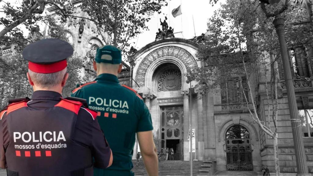 Montaje de dos agentes de los Mossos d'Esquadra con el TSJCat de fondo