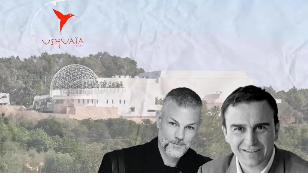 Yann Pissenem (i), Abel Matutes Jr, el logo de Ushuaïa y el 'hiperclub' Unvrs de Ibiza