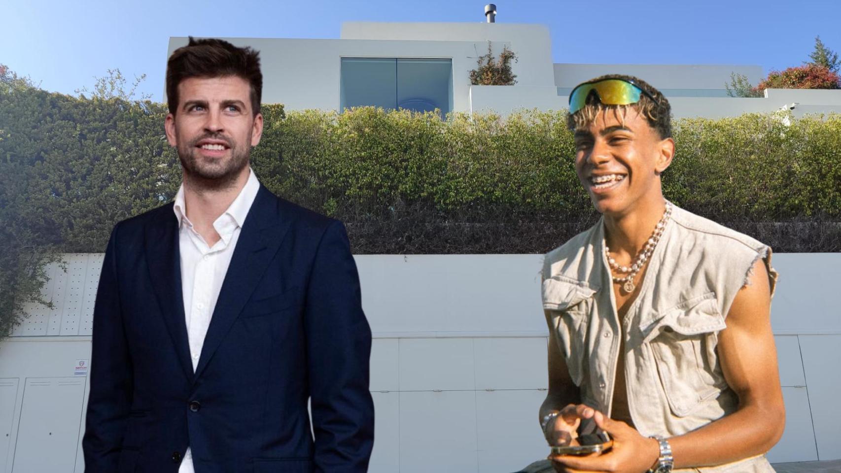 Lamine Yamal y Gerard Piqué, en un fotomontaje con la mansión del exfutbolista de fondo