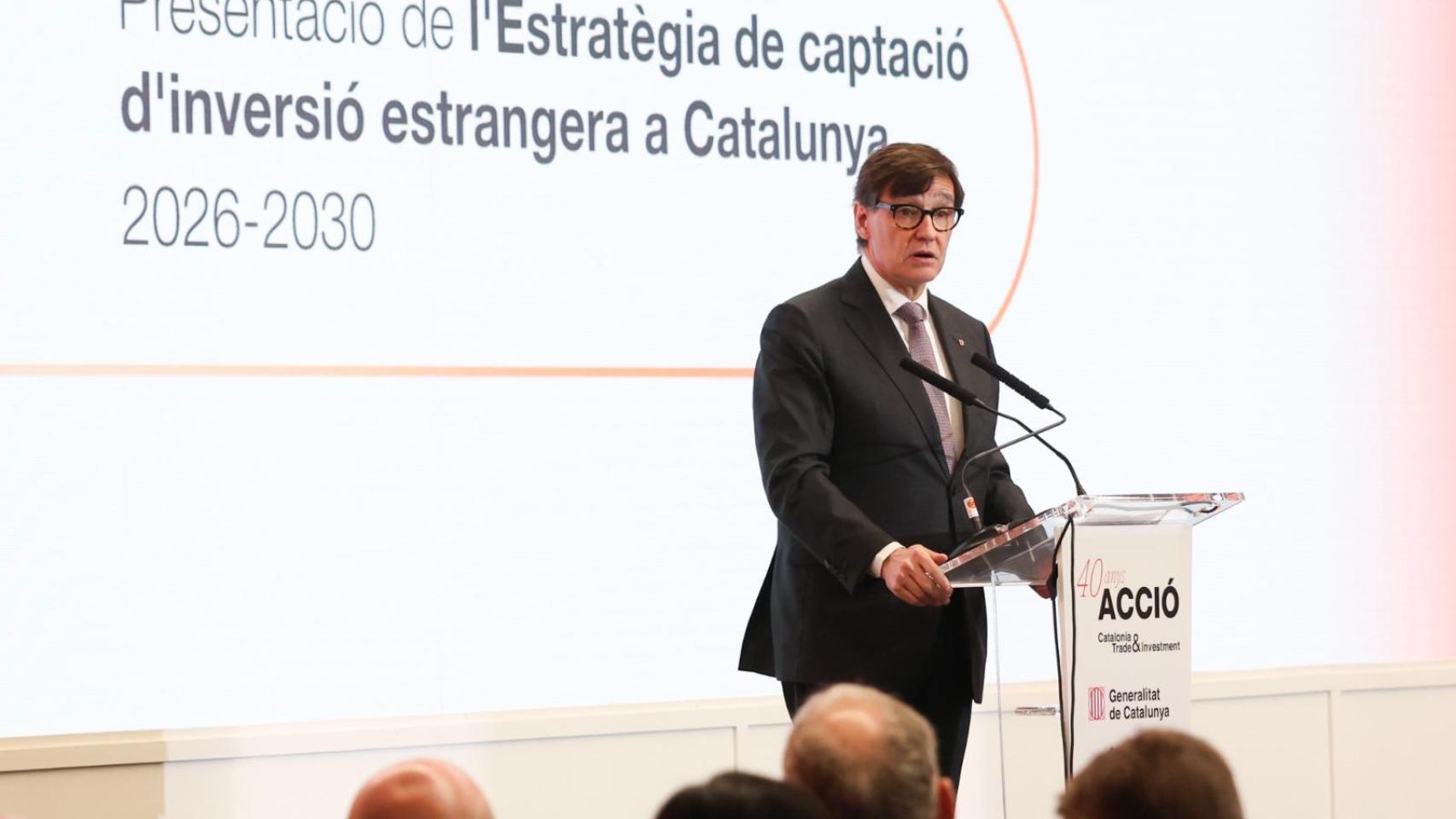 El presidente de la Generalitat, Salvador Illa, en la presentación de la nueva estrategia de captación de inversión extranjera