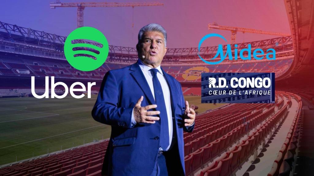 Joan Laporta, en un montaje con los logotipos de Spotify, Uber, Midea, y Congo, y el nuevo Camp Nou de fondo