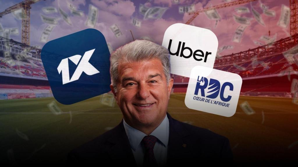 Joan Laporta y los logotipos de 1XBet, Uber y la República del Congo en un montaje