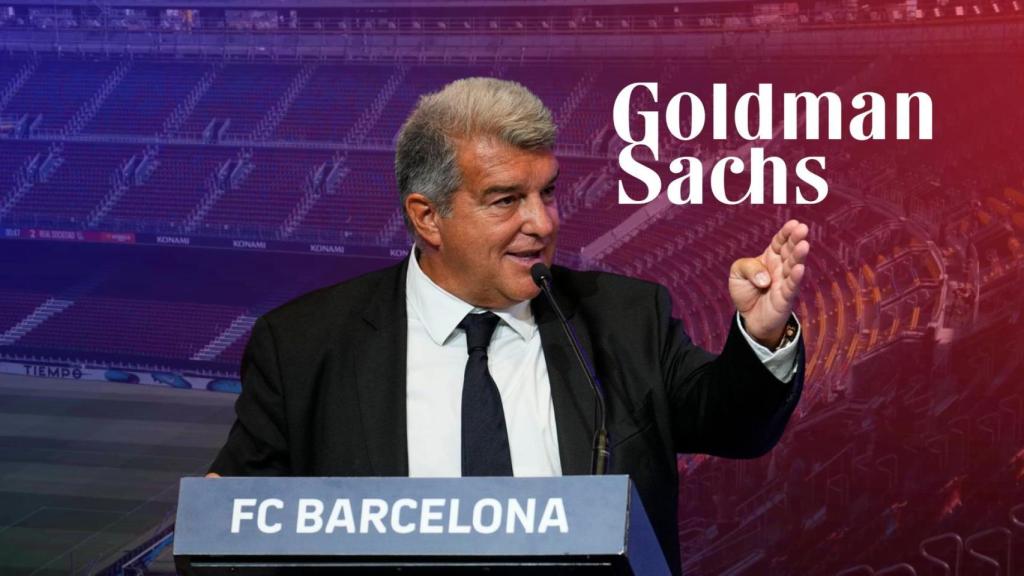 Joan Laporta, en un montaje con el logotipo de Goldman Sachs y las obras del Camp Nou de fondo