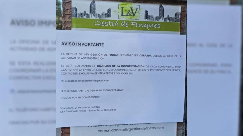 Cartel donde se anuncia el cese de la actividad administrativa en L&V Gestión de Fincas