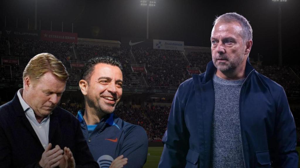 Hansi Flick en un fotomontaje con Xavi Hernández y Ronald Koeman, con Montjuïc de fondo