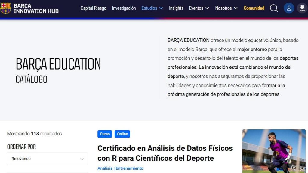 El catàleg de cursos oferts per Barça Education a la pàgina web del Barça Innovation Hub