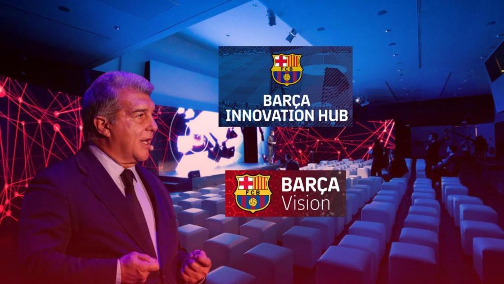 Joan Laporta, en un montaje con los logotipos de Barça Innovation Hub, Barça Vision, y el auditori 1899 de fondo