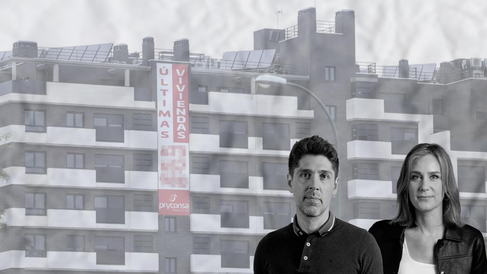 Fotomontaje de Jéssica Albiach y David Cid junto a una promoción de viviendas