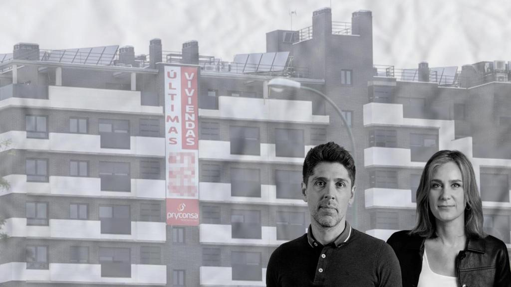 Fotomontaje de Jéssica Albiach y David Cid junto a una promoción de viviendas