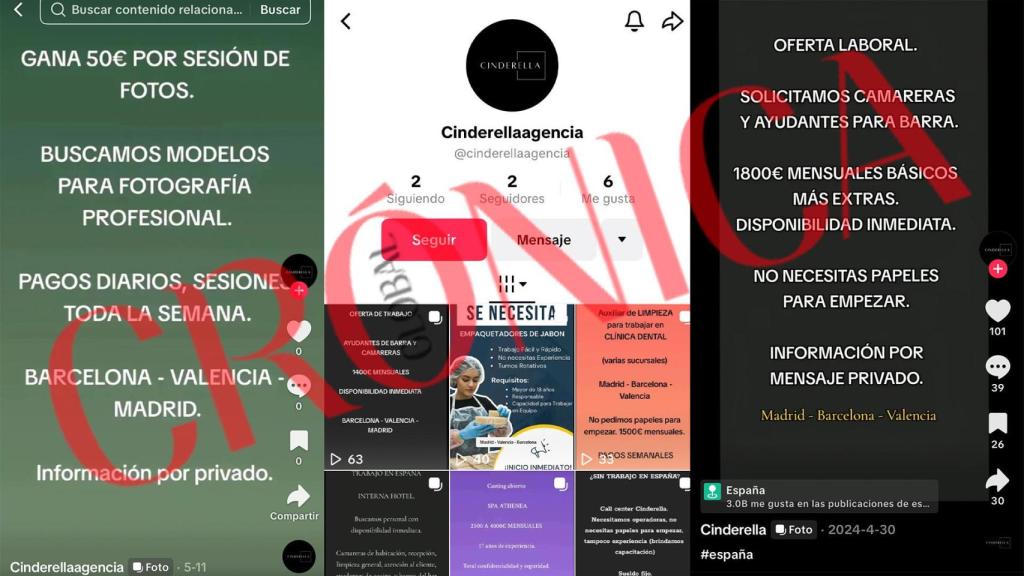 Algunos pantallazos de las ofertas laborales y los perfiles sociales de la agencia 'Cinderella'