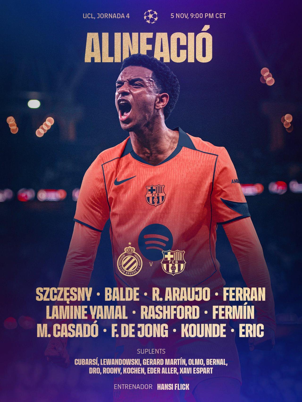 El once del Barça para enfrentarse al Brujas en la Champions League