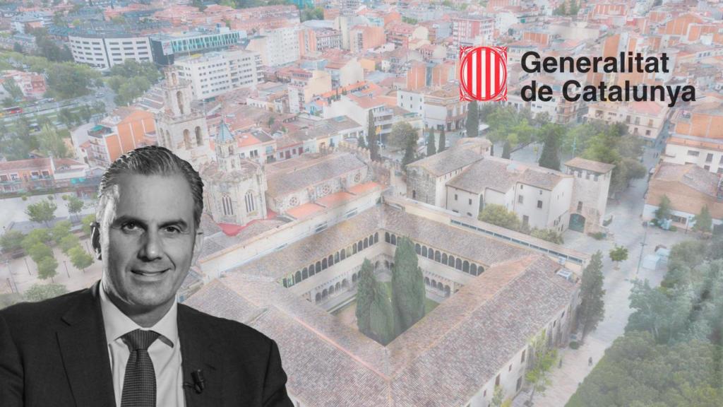 Fotomontaje de Ortega Smith, con el municipio de Sant Cugat de fondo y el logo de la Generalitat de Cataluña