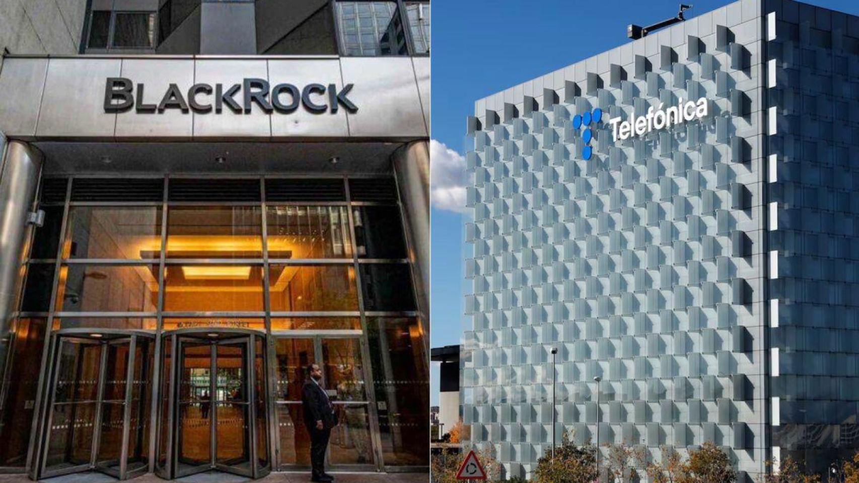 Imágenes de archivo de las fachadas de dos edificios de BlackRock y de Telefónica