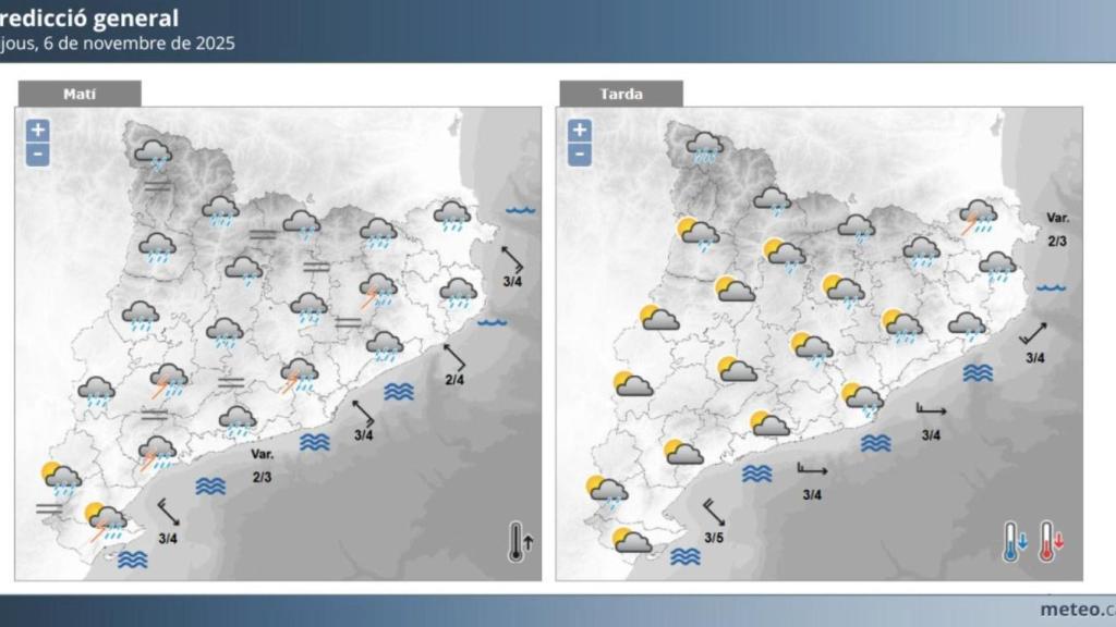 Previsión meteorológica de este jueves 6 de noviembre de 2025, por la mañana (i) y por la tarde (d)