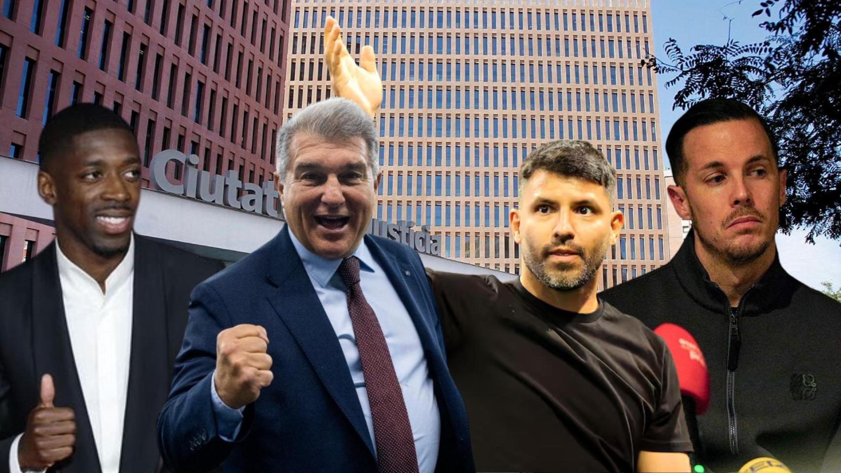 Ousmane Dembelé, Joan Laporta, 'Kun' Agüero y Thomas Heurtel, en un fotomontaje con la Ciutat de la Justícia de fondo
