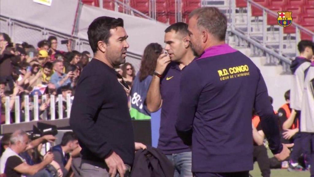 Deco y Hansi Flick, en el entrenamiento de puertas abiertas del Barça