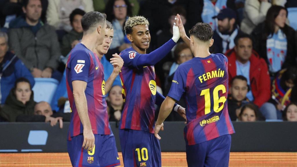 Lamine Yamal celebra su gol ante el Celta, el tercero del Barça en la primera parte