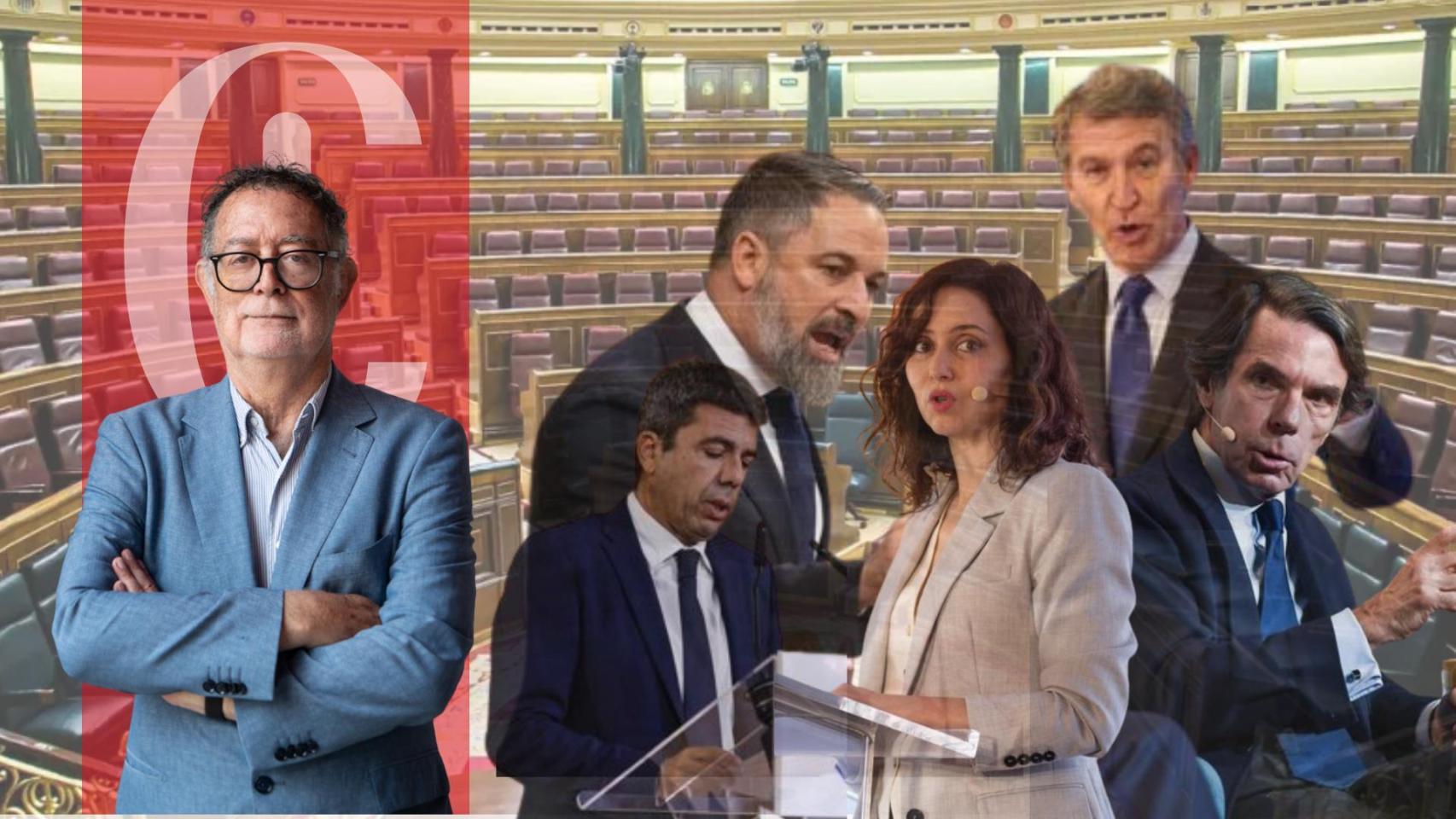 Fotomontaje con el opinador Manuel Gómez Acosta y Feijóo, Aznar, Ayuso, Abascal y Mazón