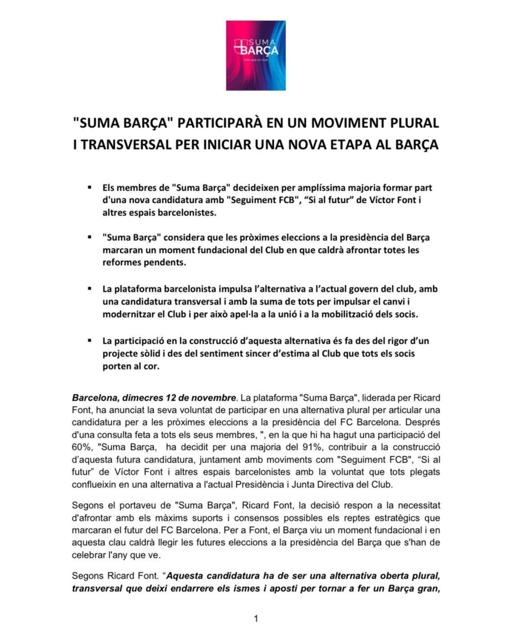 Comunicat de Suma Barça en què anuncia candidatura amb Víctor Font