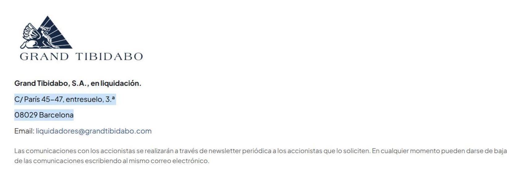 Imagen extraida de la web de Grand Tibidabo, donde se indica claramente que está en proceso de liquidación