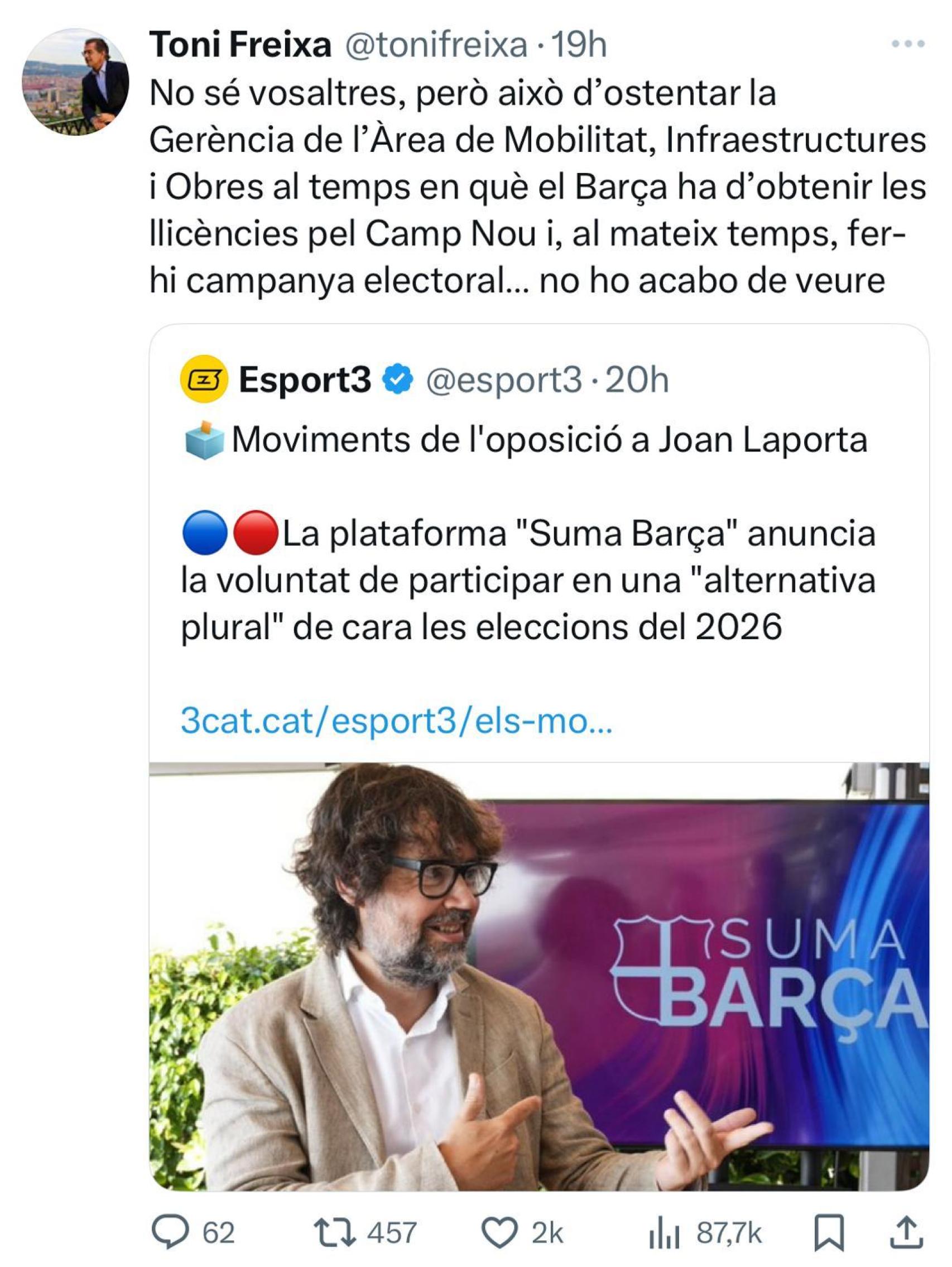 Toni Freixa defensa Laporta de l'oposició a Twitter