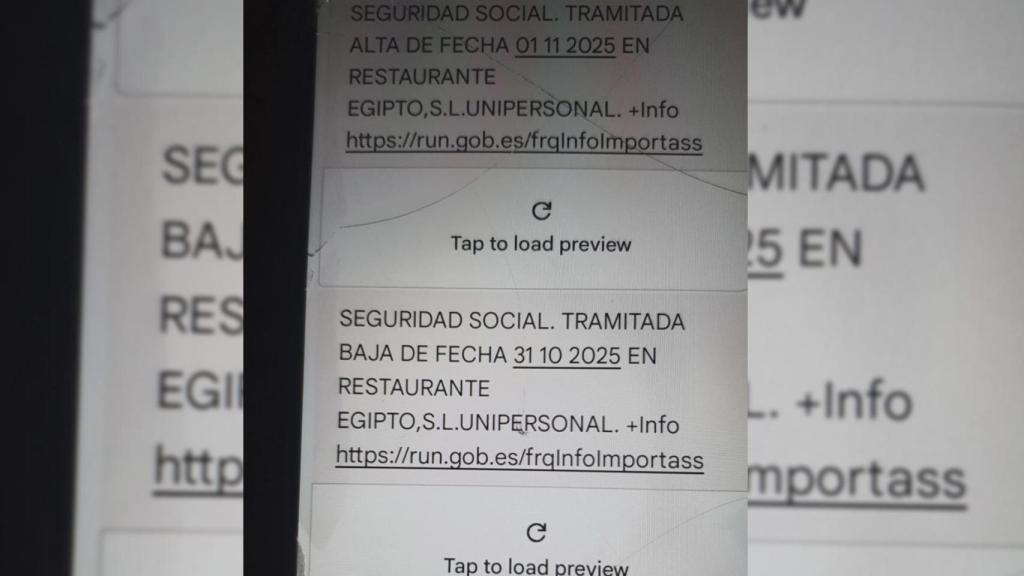 Captura de pantalla del mensaje de dada de alta y baja en la Seguridad Social de un trabajador de la Boqueria