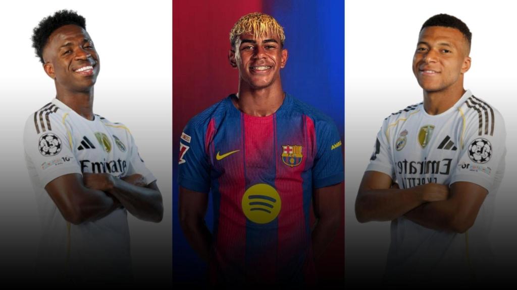 Vinicius Jr, Lamine Yamal y Kylian Mbappé en un montaje