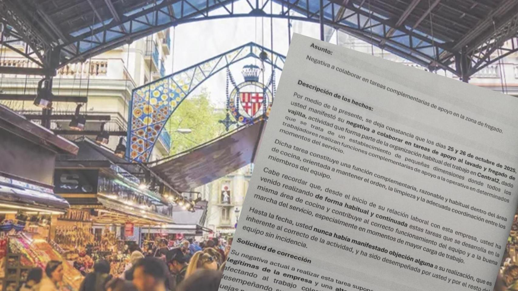 Vista de la Boqueria con el documento en el que se presenta un aviso a un trabajador
