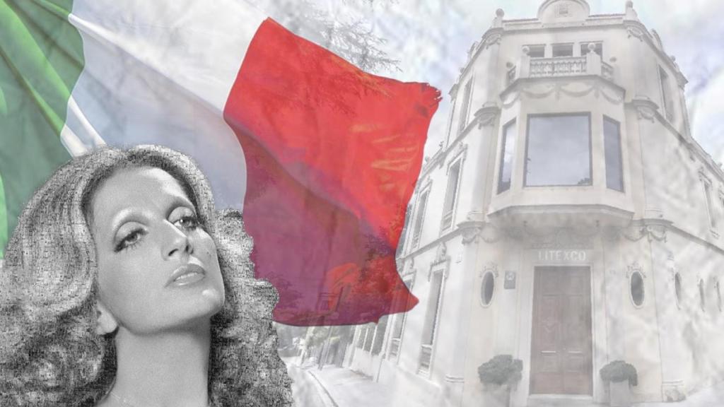 La cantante Mina Mazzini, la bandera italiana y la sede de Litexco