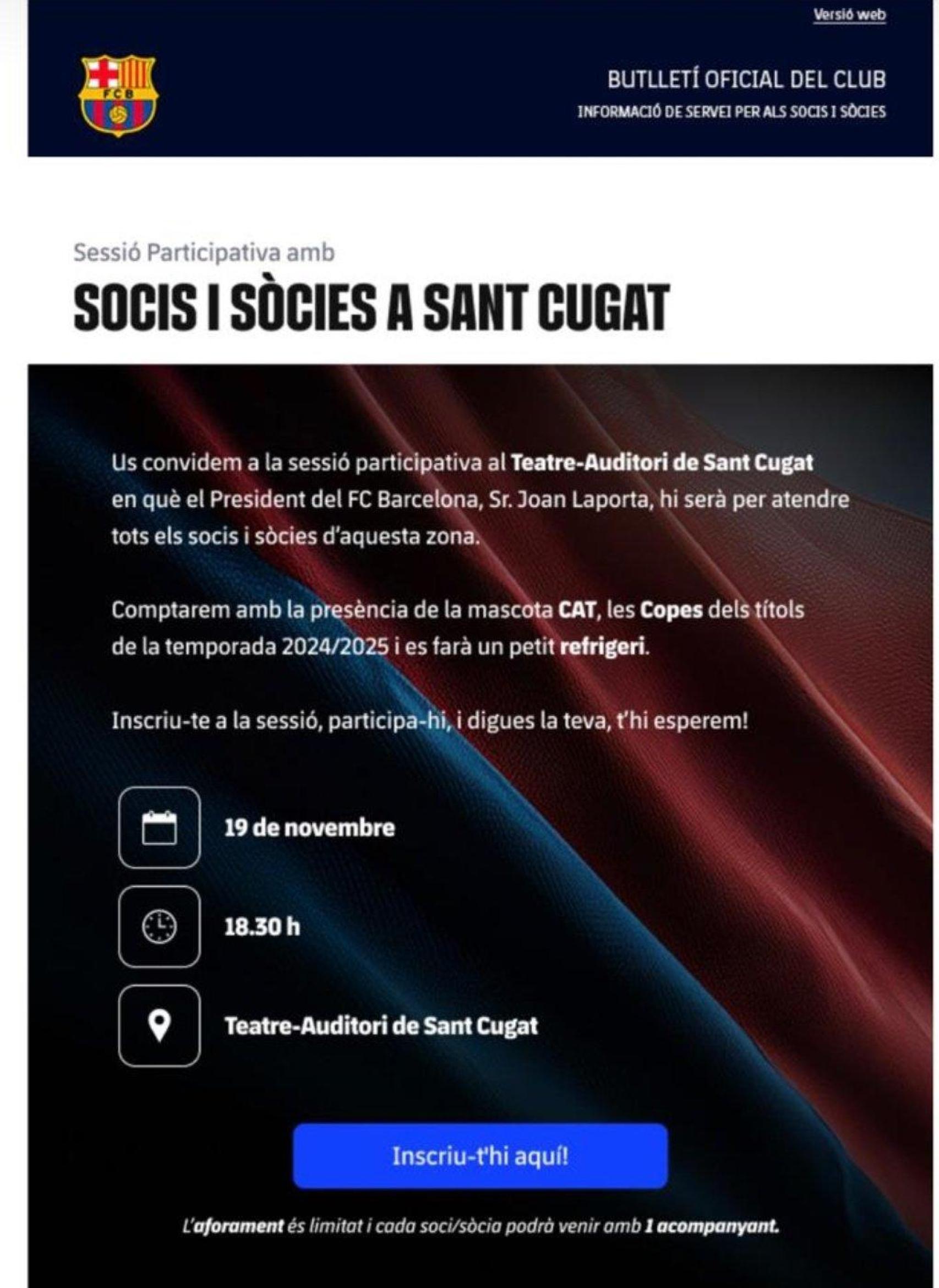 El Barça convoca una sesión participativa para los socios con el presidente Joan Laporta en Sant Cugat