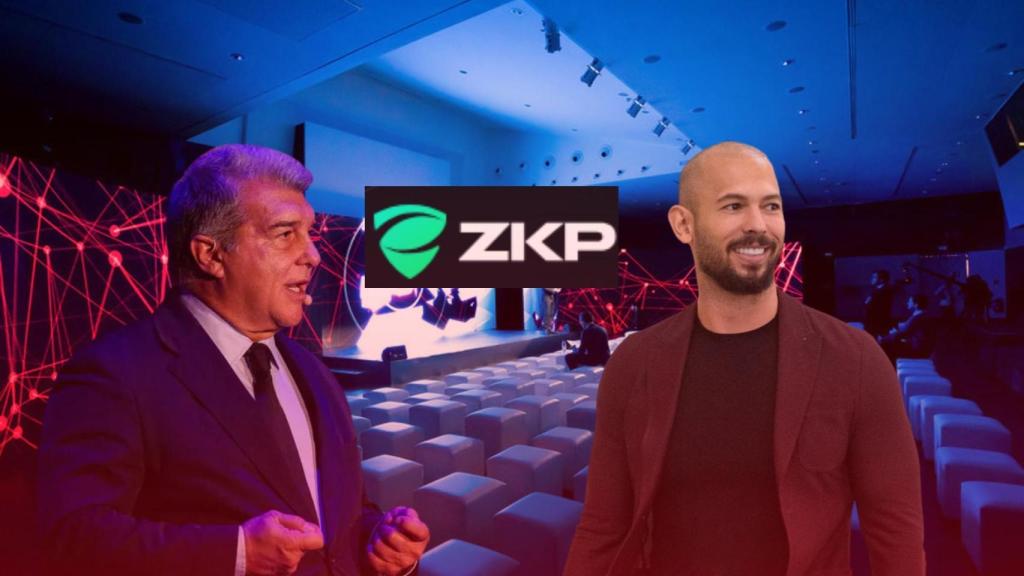 Joan Laporta, el logotipo de Zero-Knowledge Proof y Andrew Tate, en un fotomontaje