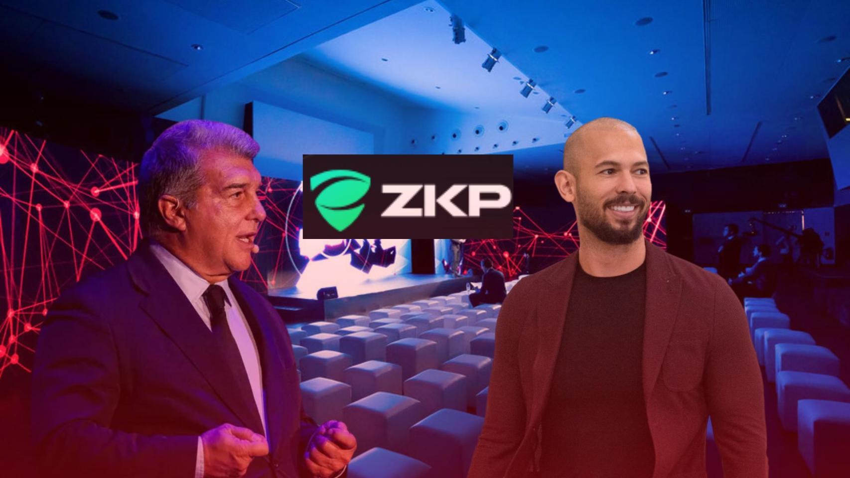 Joan Laporta, el logotipo de Zero-Knowledge Proof y Andrew Tate, en un fotomontaje