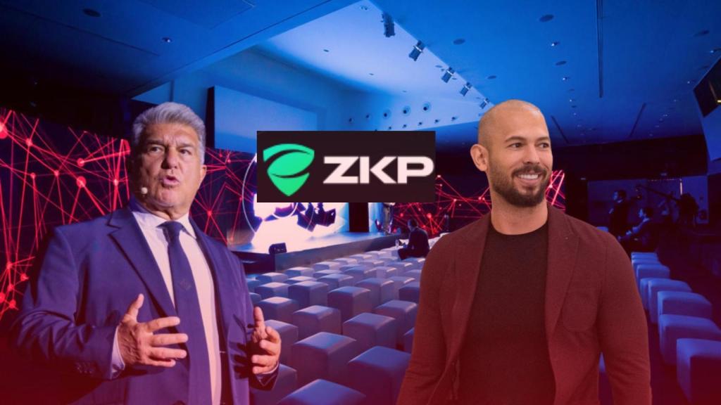 Joan Laporta, el logotipo de Zero-Knowledge Proof y Andrew Tate, en un fotomontaje