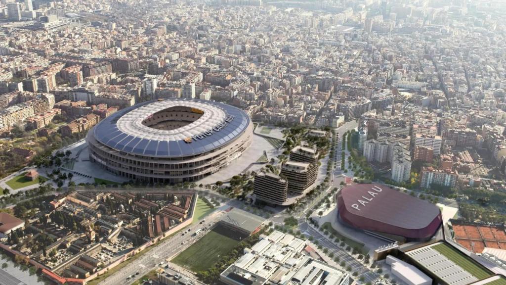 Imagen virtual del futuro Espai Barça que contempla un hotel y oficinas al lado del Camp Nou