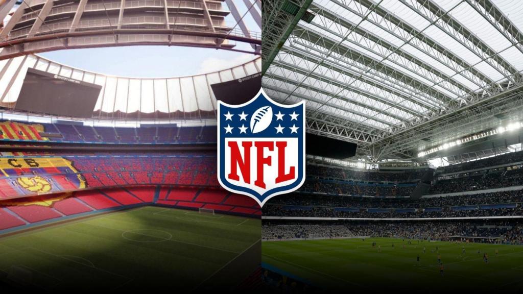 El Spotify Camp Nou y el Santiago Bernabéu en un montaje con el logotipo de la NFL
