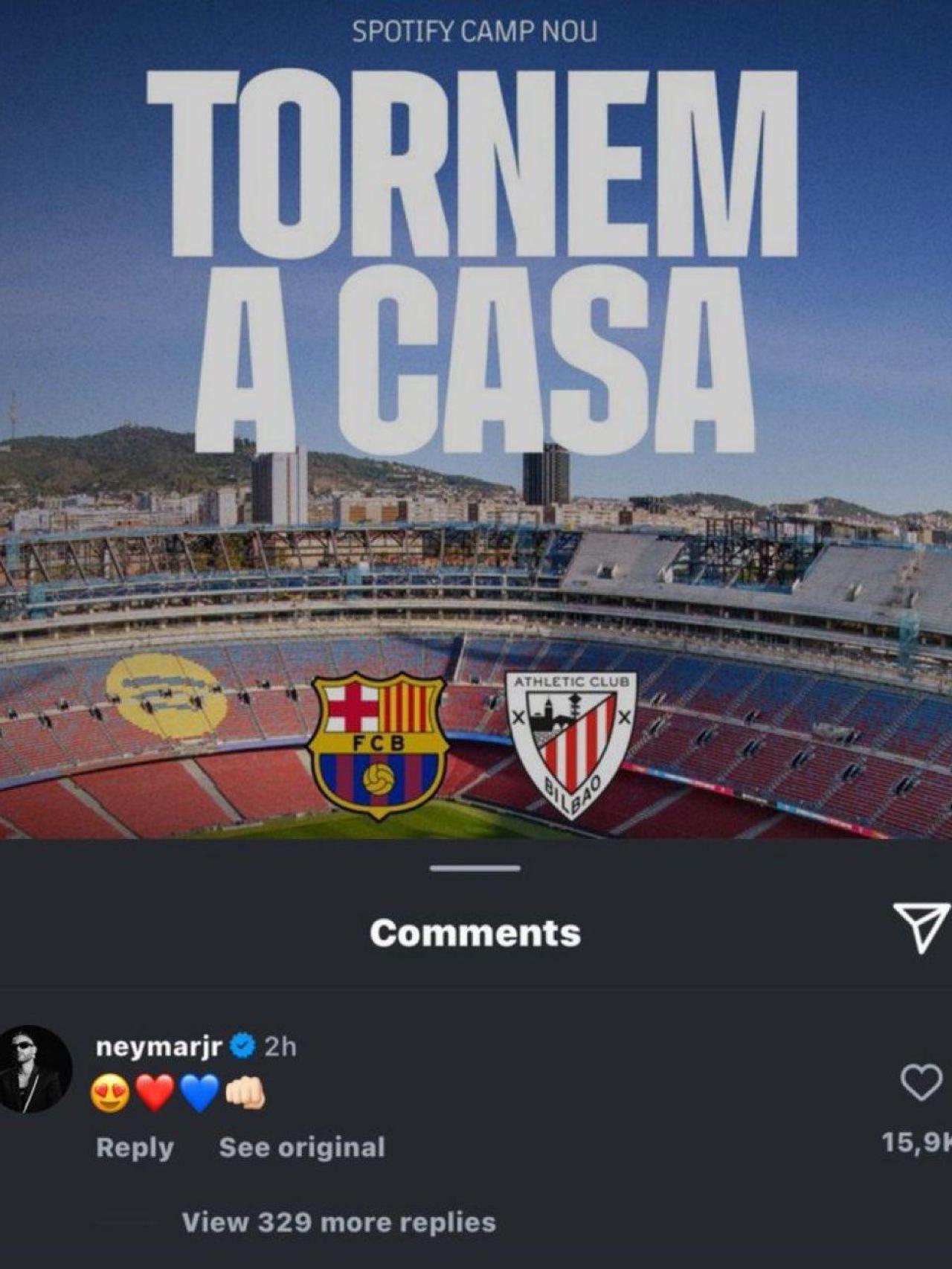 Neymar comenta en el 'post' del FC Barcelona que anuncia el retorno oficial al Spotify Camp Nou