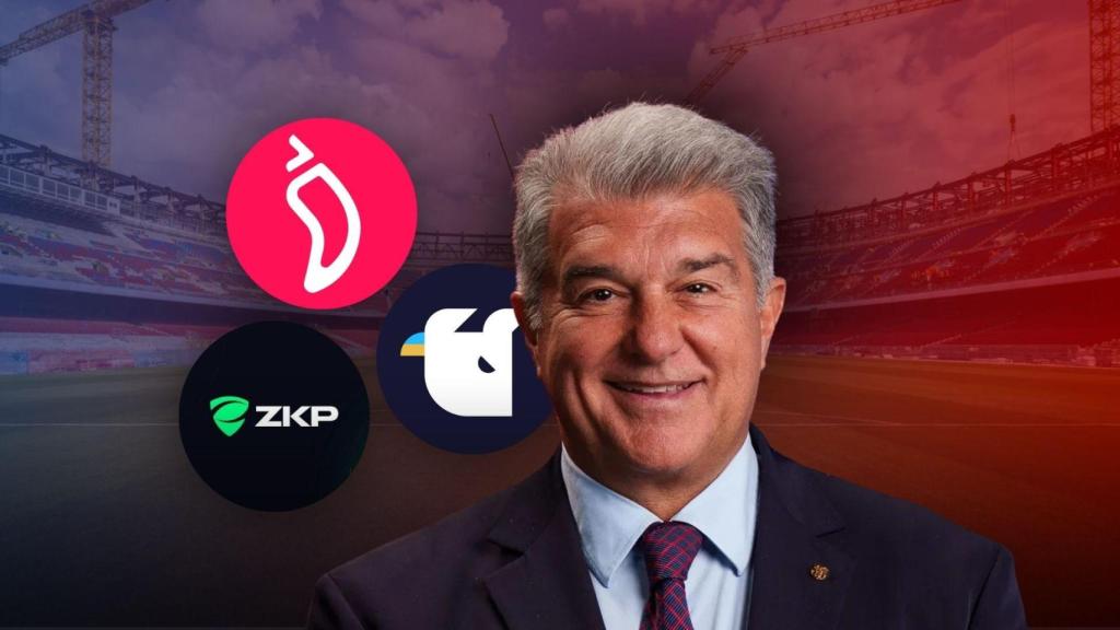 Joan Laporta con los logotipos de Chiliz, Whitebit y ZKP en un montaje