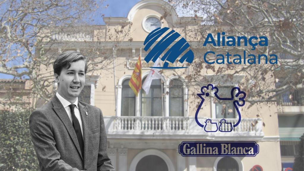 Fotomontaje de Josep Arcas junto a la fachada del Ayuntamiento de Sant Cugat y el logo de Aliança Catalana