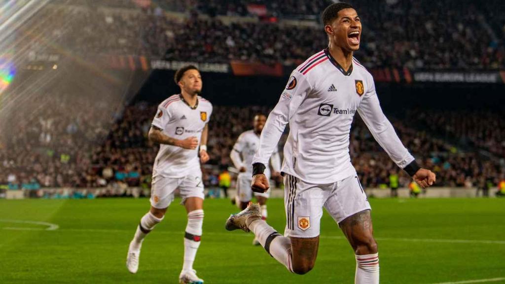 Marcus Rashford celebra un gol en el Barça-Manchester United en 2023