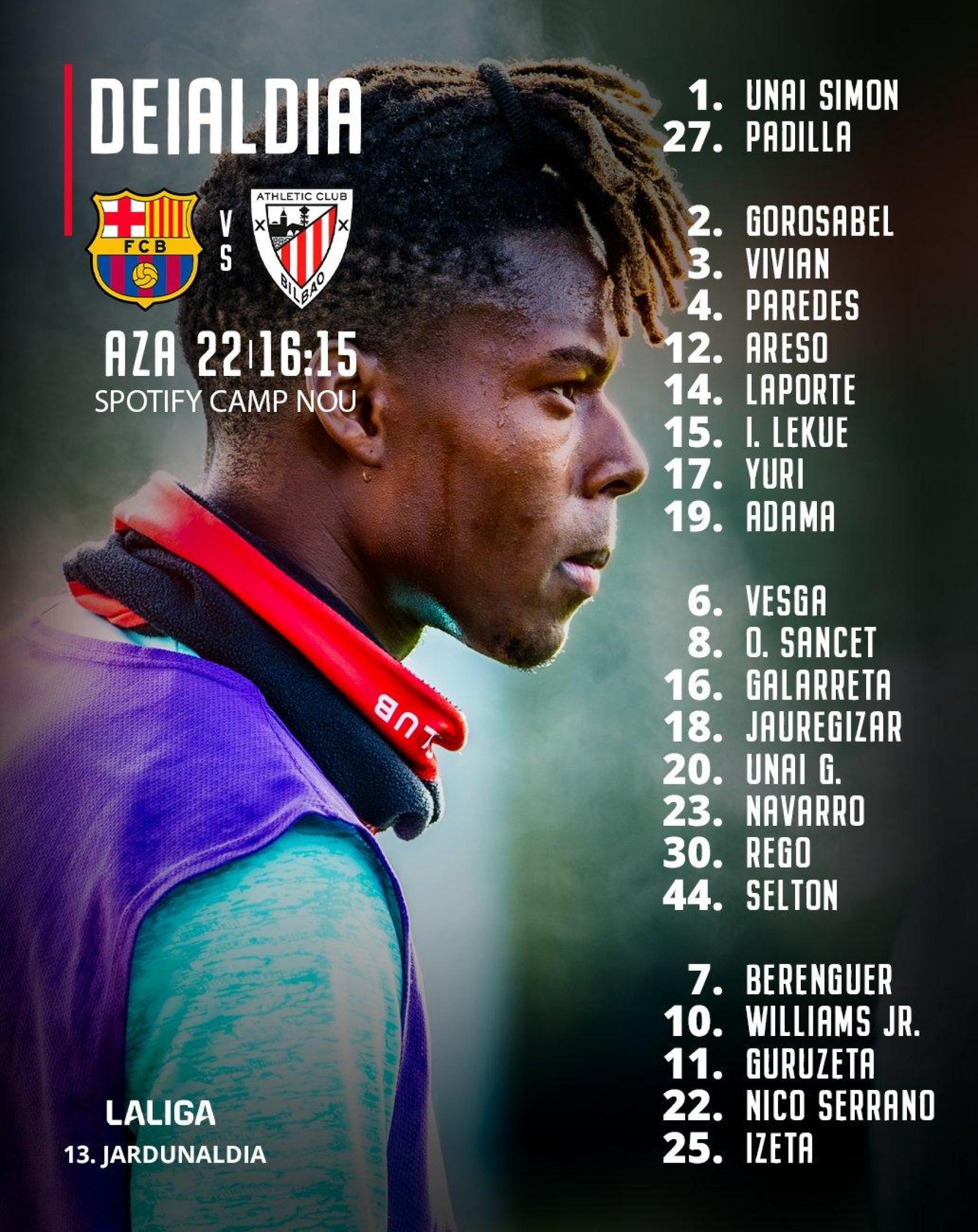 Nico Williams protagoniza la convocatoria del Athletic Club para el partido contra el Barça
