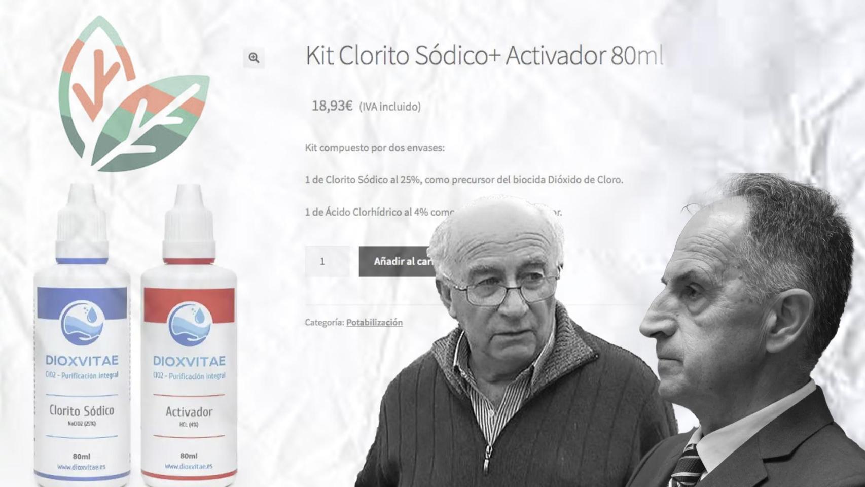 Montaje del gurú Josep Pàmies, el neonazi Pedro Varela y una captura de pantalla con el 'kit' de clorito sódico que vende 'Dolça Revolució'