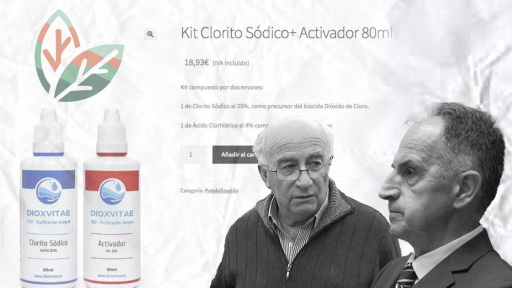 Montaje del gurú Josep Pàmies, el neonazi Pedro Varela y una captura de pantalla con el 'kit' de clorito sódico que vende 'Dolça Revolució'