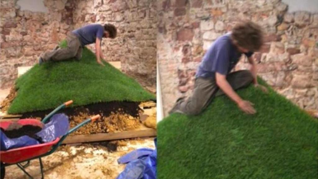 Pep Vidal, instalando 'Gras Grous', su homenaje o réplica a Haacke