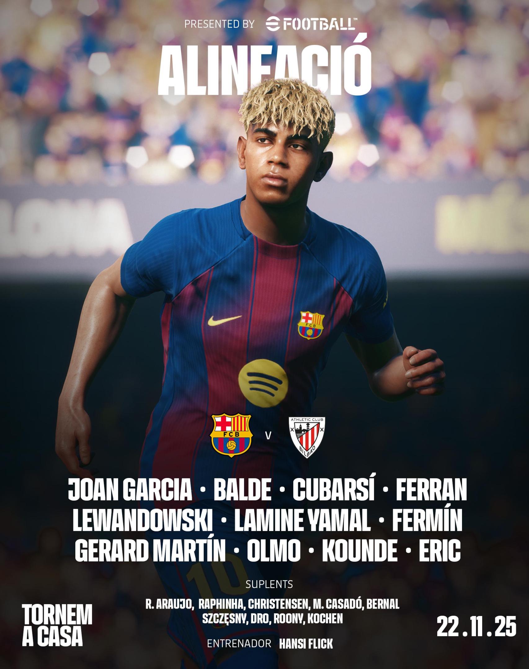 L'alineació del Barça per al partit contra l'Athletic Club